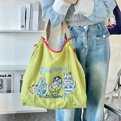 日本の猫柴犬刺繍環境に優しい布バッグ女性の大容量新しいナイロンハンドバッグ 学生 多用途ショルダーバッグ