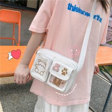 キャンバススモールバッグ和風インヴィンテージセンスかわいいと面白い個性刺繍クマ学生透明クロスボディバッグ
