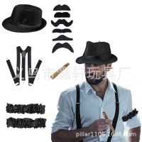 ギャツビー男性のギャング衣装黒ジャズ帽子サスペンダー腕章ひげパイプ衣類付属品セット