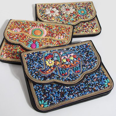 ボヘミアン スタイル バッグ 、ライス ビーズ、エスニック スタイル ショルダー バッグ 、シェル携帯電話 バッグ 、フラワー PU 旅行写真女性用シングル ショルダー クロスボディ バッグ