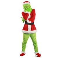 大人と子供のためのヨーロッパとアメリカのクリスマス服、緑の髪の怪物グリンチの衣装、マスク、かぶりもの、パーティー衣装