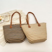 大容量ストライプローエッジストローバッグレトロ文学織バッグシーサイドショルダーハンドバッグレディースバッグ