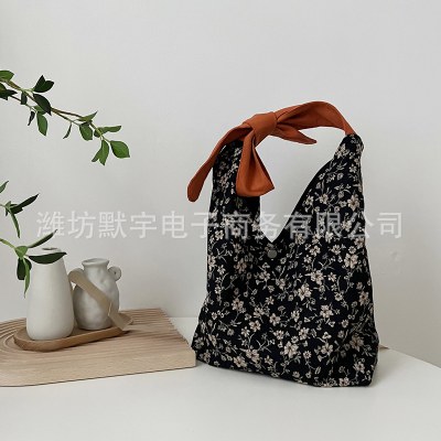 かわいいリボンバケットバッグレトロブラックフローラルショルダーバッグ休暇 旅行