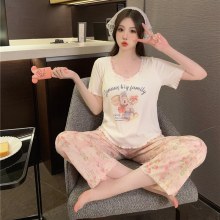 女性のための夏と秋のモーダル織綿バニー植物スプレー塗装半袖ズボンスーツと胸綿ホーム服