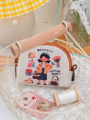 WW オリジナル綿とリネンの小さな新鮮な小銭入れ小さなミニ口紅バッグ学生 かわいい 日本のジッパーショート財布女性のための