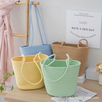 マルチカラーのコットンロープ手持ちクロスボディバッグ、 子供 用トラベルバスケット織りのかわいい無地バッグ