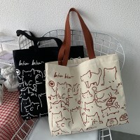 2024 アートデザインかわいい動物手描きイラストショルダーバッグスクールバッグ文学レトロ大容量キャンバスバッグ女性のための