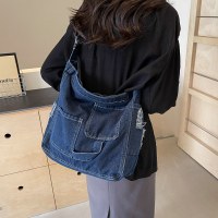 2024 新しいウォッシュデニムワンショルダークロスボディ大容量破れたバッグ学生女性授業バッグトート