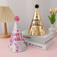 新しいライト高級スタイルレーザーブロンズ円錐形ファーボール誕生日帽子ゴールドカードパーティー誕生日装飾ファーボール三角帽子