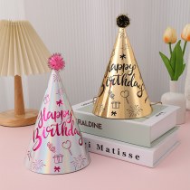 新しいライト高級スタイルレーザーブロンズ円錐形ファーボール誕生日帽子ゴールドカードパーティー誕生日装飾ファーボール三角帽子